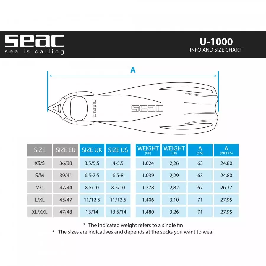 Ласты SEAC SUB U-1000 SLING STRAP WHITE/BLACK, р-р L-XL/44-46